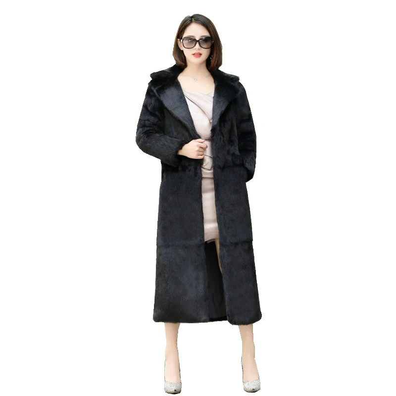 

Lady Real Wholeskin Rabbit Fur Coat Jacket 125CM Length Winter Genuine Women X-Long Trench Outerwear LF4281