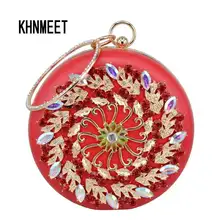 Дешевле красный Pu круглый Форма Мода Кристалл сумка кошелек для свадьбы, вечеринки металлические напульсники мини сумки черные вечерние сумочки