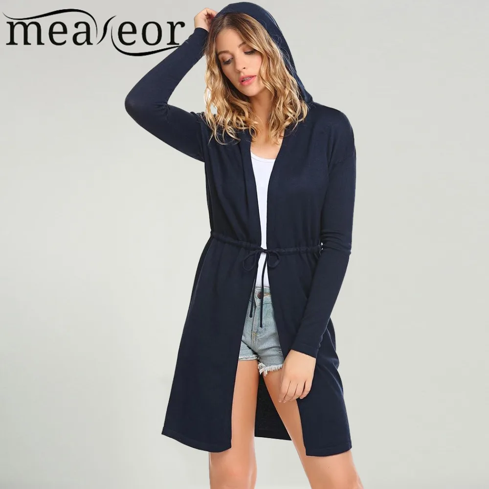Meaneor Women Hooded Cardigan Sweaters Casual Long Sleeve Solid Open Stitch Drawstring Slim Knit Female Outwear Tops |