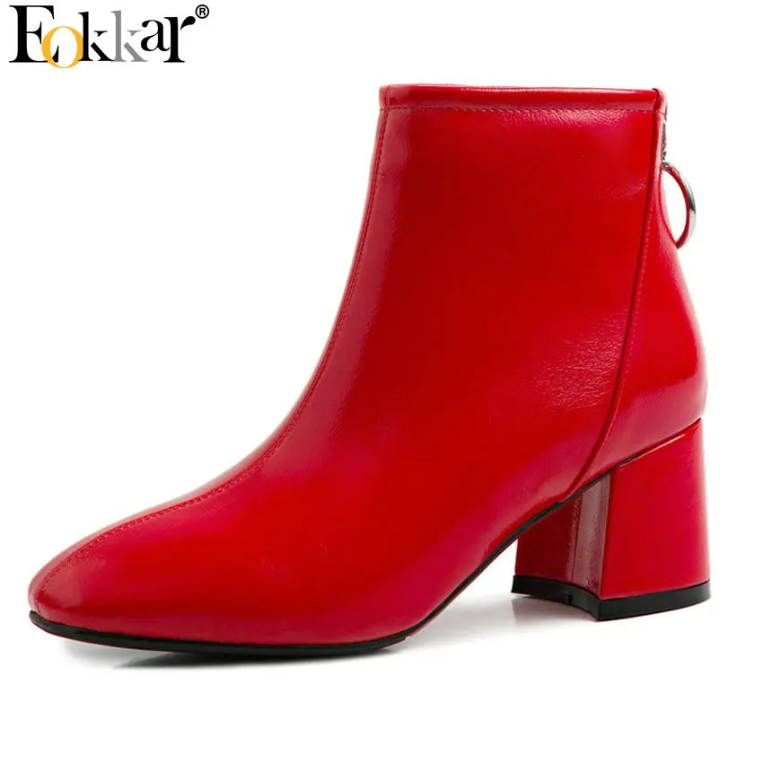 

Eokkar 2020 Women Ankle Boots Patent Leather Zipper Square High Heel Zipper Alll Match Square Toe Winter Ladies Boots Size 34-43