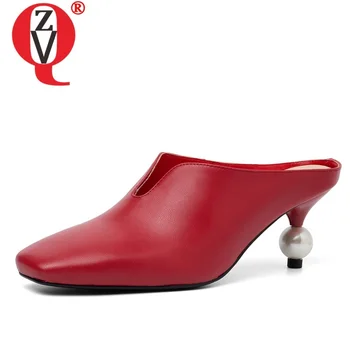 

ZVQ 2019 summer new fashion square toe woman slippers outside high heels high quality genuine leather ladies shoes size 33-40