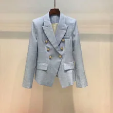 Женская мода синий роскошный льняной Блейзер двубортный Золотой зазубренный воротник с клапаном карманы с длинными рукавами манжеты с пуговицами