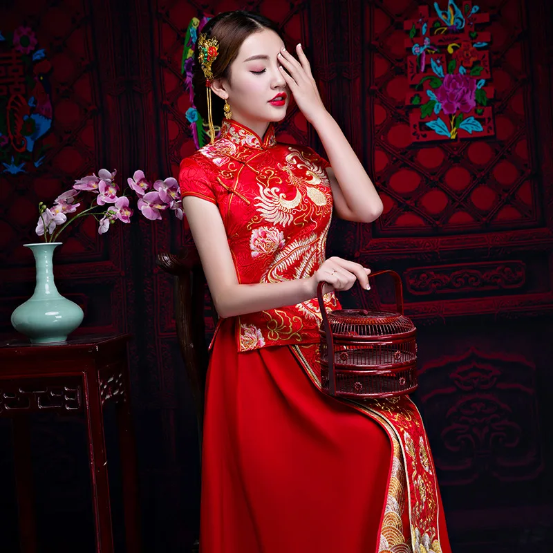 Высокое качество 2018 Для женщин феникс вышивка Cheongsam красный Qipao длинные Традиционный китайский свадебное платье Oriental Стиль платья