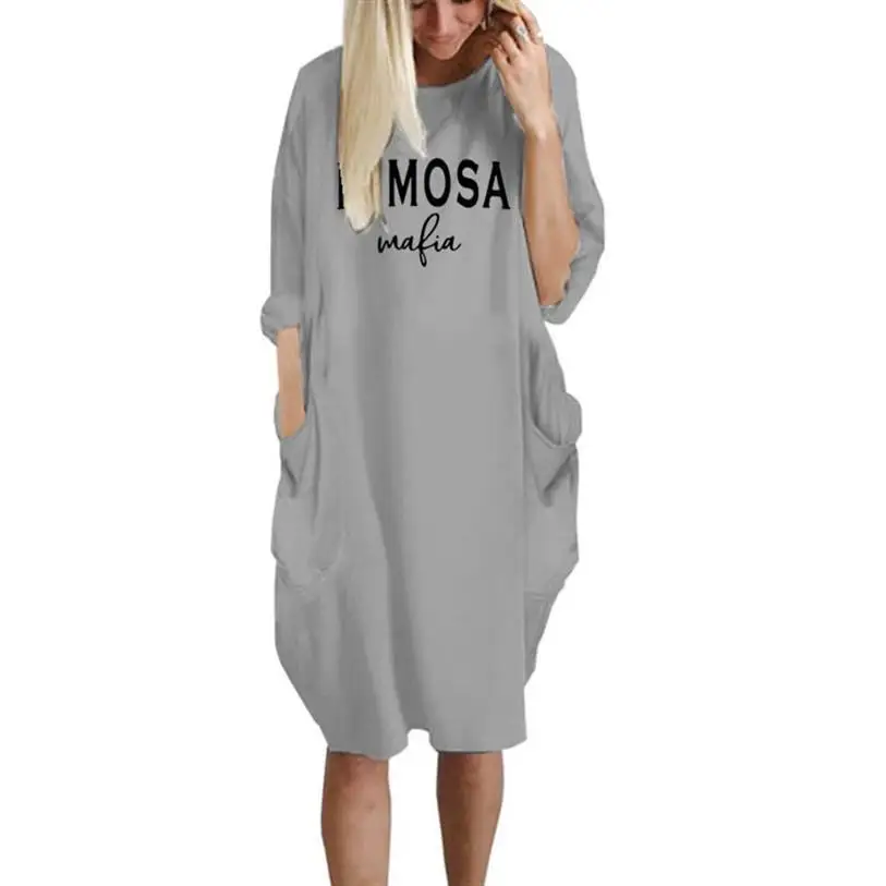 

Dress MIMOSA Letters Print Pocket Dress Vestidos Beach Women Dresses Maxi Denim Flamingo