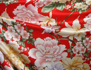 

Free shipping 100% pure silk fabric charmuse silk for dress curtains clothing bedding scarf 19mm width 240cm red floral LS416