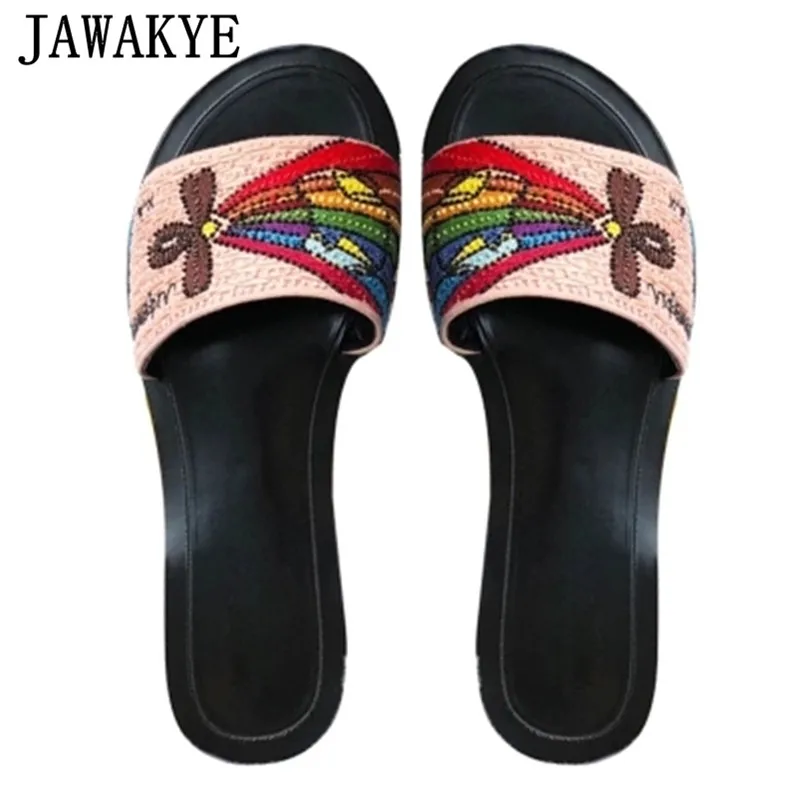 

Bohemia Embroidered Women's beach shoes rhinestone woman open toe sequins handmade string beaded pearled summer flat slippers