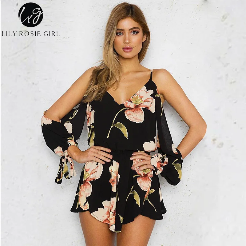 

Lily Rosie Girl Off Shoulder Floral Print Jumpsuit Romper Women Backless Summer Beach Overalls V Neck Elegant Short Playsuit