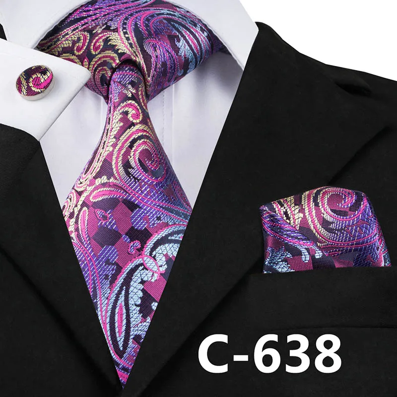 Hi-Tie Шелковый мужской фиолетовый галстук Роскошный Галстук Пейсли носовой Запонки Набор Новые свадебные вечерние модные деловые галстуки для мужчин - Цвет: C-638