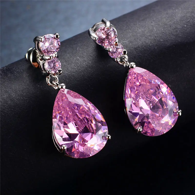 Luxury Female Crystal Water Drop Earrings Fashion 925 Sterling Silver Dangle Earrings Pink Blue Purple Earrings For Women - Окраска металла: Pink