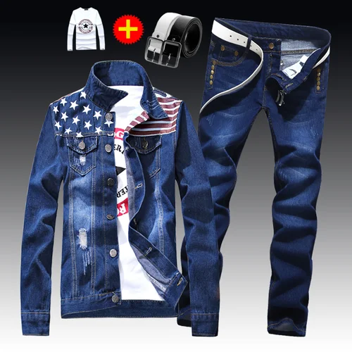 Весенне-осенняя мужская приталенная джинсовая куртка, штаны, пальто с длинным рукавом, повседневный комплект из 2 предметов, пуговицы спереди, S2 - Color: 4