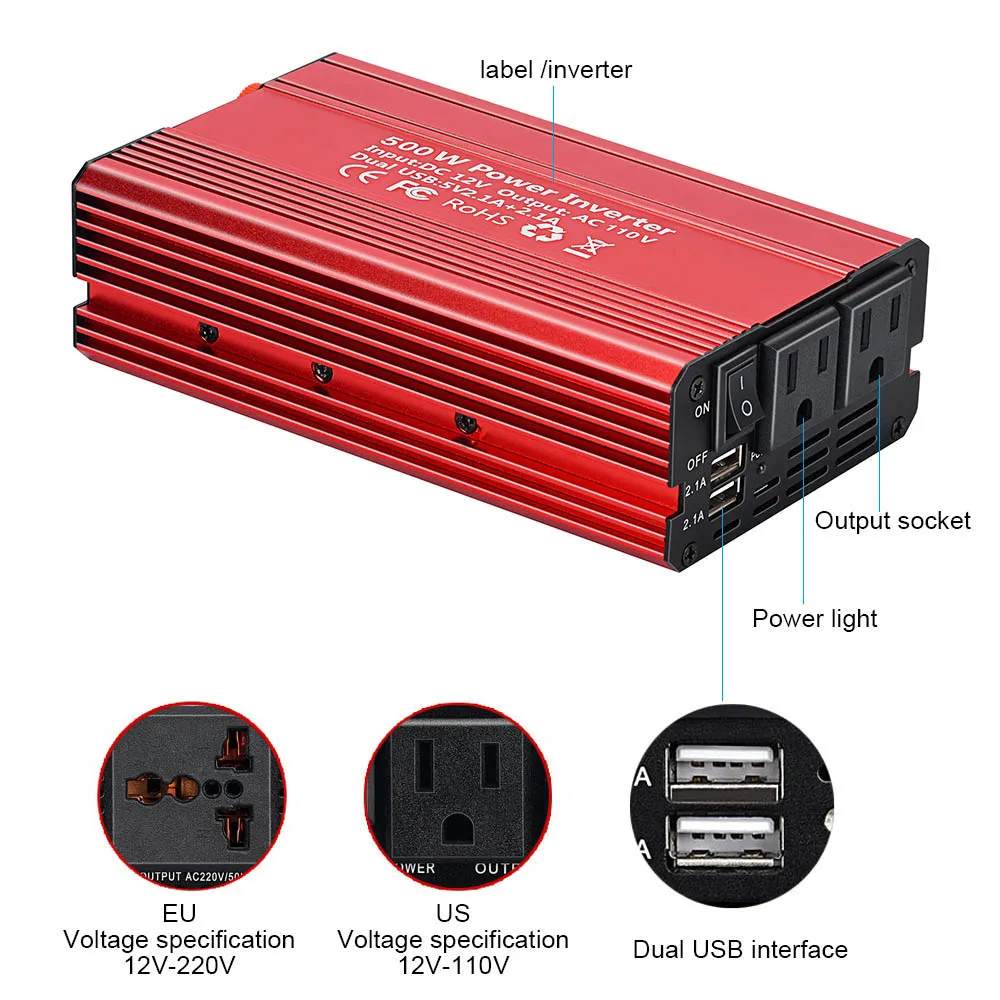 AOSHIKE инвертор напряжения автомобиля DC 12V AC 220V 500W Dual 2.1A USB Prots зарядное устройство