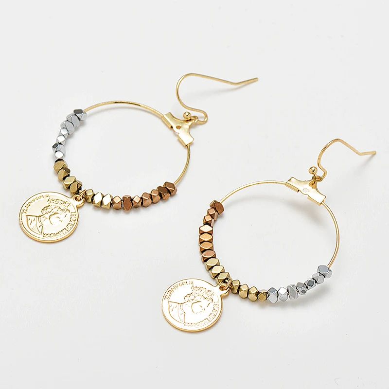 Wild& Free женские серьги со свисающими монетами из цинкового сплава модные большие круглые с разноцветные каменные бусины золотые серьги-гвоздики женские