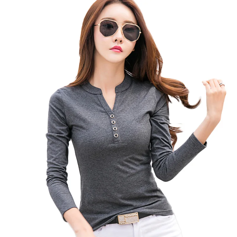 

New fashion t-shirt women solid v neck women t-shirt long sleeve top 2018 autumn t-shirt women cotton button tees top female