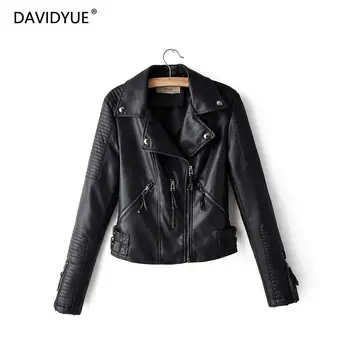 

Black leather jacket women red biker jacket turn down collar faux leather coat chaqueta mujer cuero fall 2019