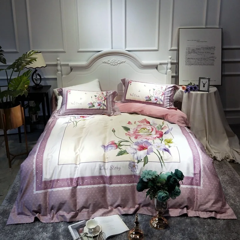 

Luxury Egyptian cotton floral princess bed Sheets Linen purple long staple Bedding Set Pastoral set queen king size duvet cover