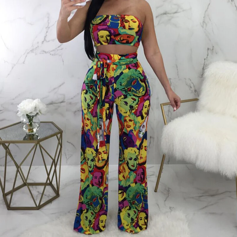 

New Fashion Style 2018 2 Piece Set Women Print Strapless Wide Leg Sexy Two Piece Set Summer Two Piece Outfits Crop Top And Pants