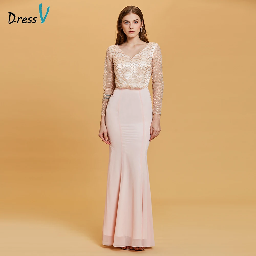 Dressv pearl pink evening dress cheap v neck long sleeves lace mermaid wedding party formal dress trumpet evening dresses