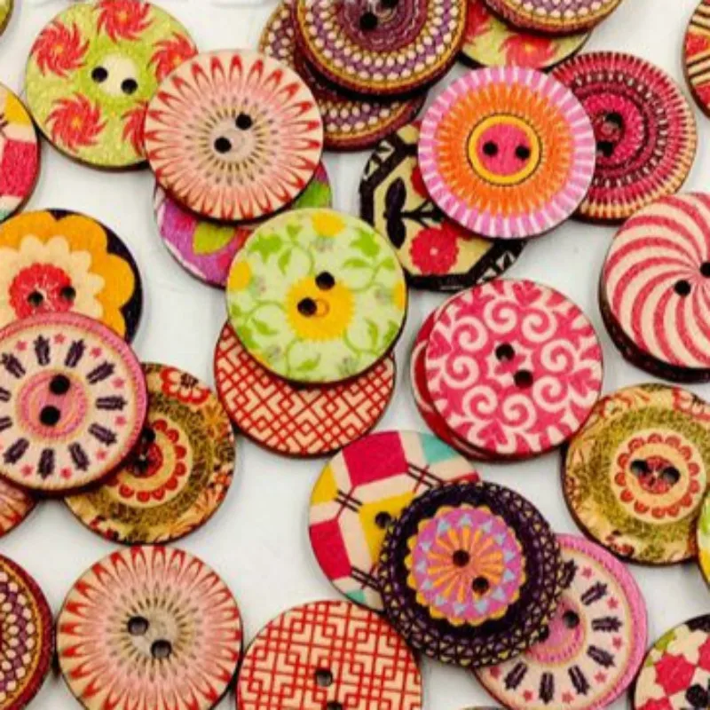 

100Pcs New Flower Printed Round Wooden Button 2 Holes Mixed Wood Buttons Sewing Accessories For Clothing Decoration DIY