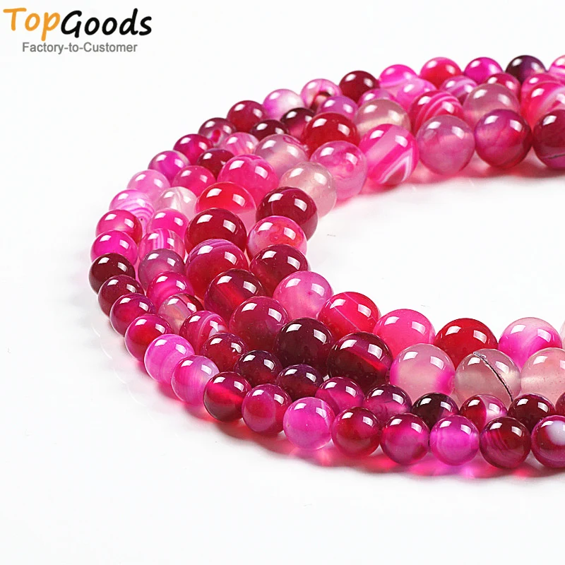 

TopGoods Natural Stone Beads Rose Red Striated Agate Round Loose Line Onyx DIY Women Bracelet 4 6 8 10 12mm for Jewelry Making