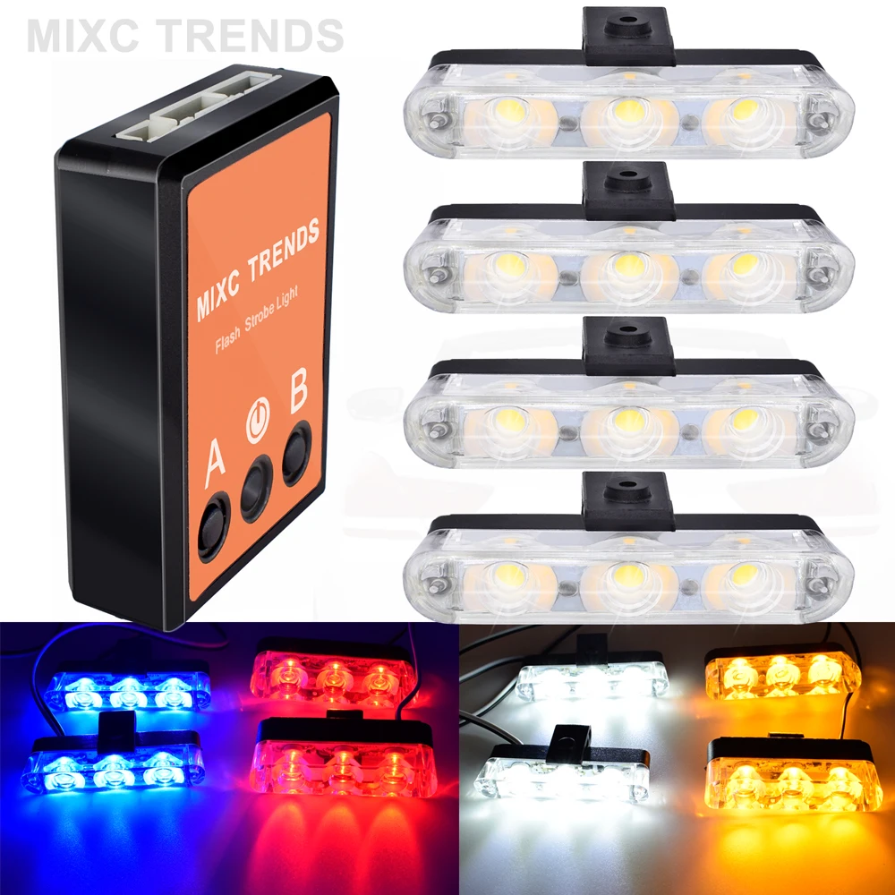 

12V Strobe Warning Light 4x3 LED Police Light Flashing Firemen Lights Ambulance Emergency Car Truck Light White Yellow Red Blue