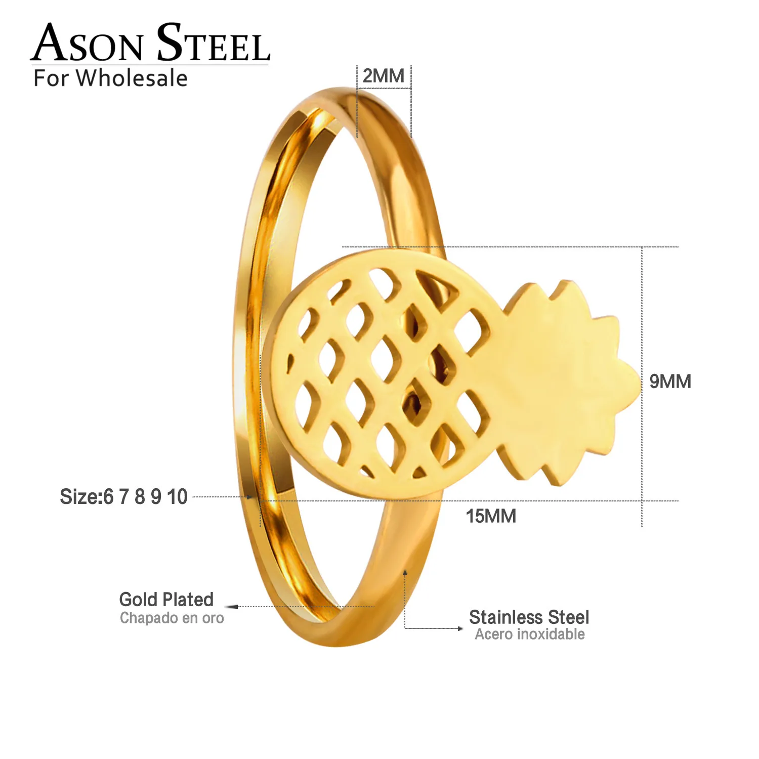 Женские обручальные кольца ASONSTEEL позолоченные из нержавеющей стали с ананасом