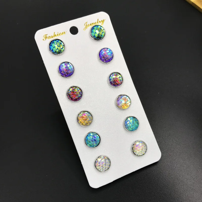 

SLZBCY Colorful Fish Scale Mermaid Design Stud Earrings for Women Scrub Round Starry Small Earring Female Fashion Jewelry Gift