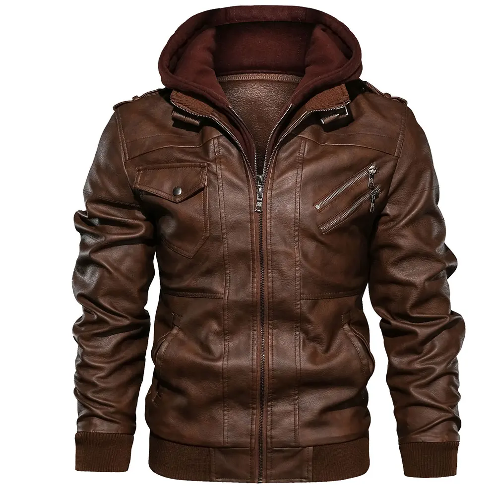 Kopen Mannen Lederen Jas Casual Motorfiets Verwijderbare Kap Pu Leather Jacket 2019 Nieuwe Mannelijke Schuine Rits Europese maat jaqueta couro