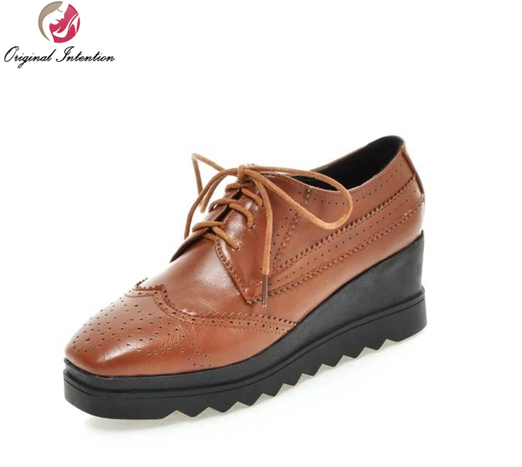 

Original Intention Women Casual Shoes 2017 Stylish Square Toe Wedges Black Beige Brown Concise Shoes Woman US Size 4-10.5