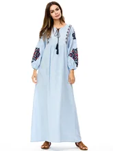 Sky Blue Women Flowers Embroidery Maxi Dresses Lantern sleeve Loose Elegant Long Dresses Ladies Plus Size Pleated Summer Dress sky blue half sleeve maxi dress