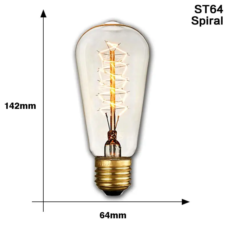 Ретро лампы Эдисона E27 40W 220V ST64 T10 T45 G80 G95 G125 ампулы Винтаж Эдисон лампы накаливания Светильник лампы для декора стен - Цвет: ST64 Spiral