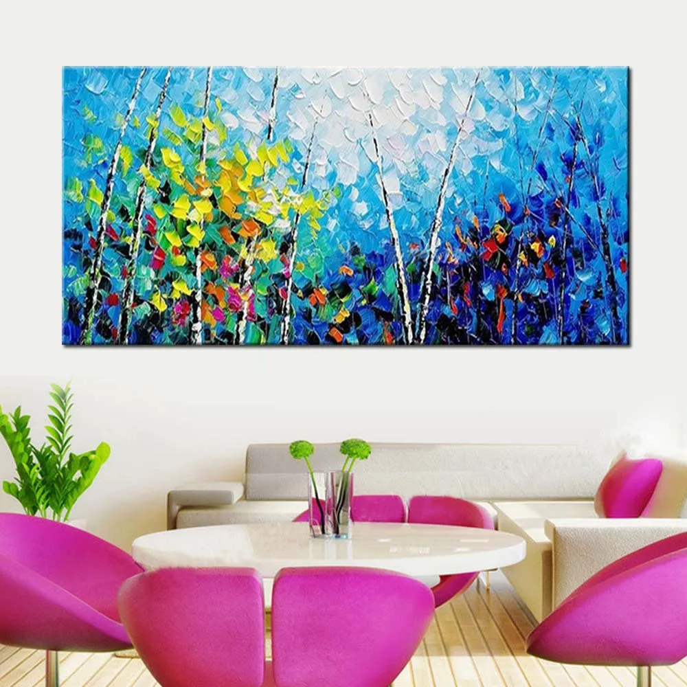  Hand Painted Canvas Oil Painting Abstract Blue Palette Knife Forest Landscape Wall Picture Living R - 32885004273