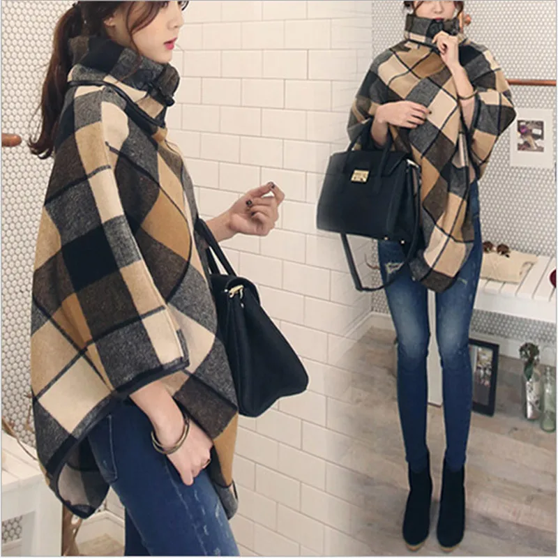 

Autum winter thick woolen outerwear female loose Plaid woolen coat Femme Cloak Overcoat Womens Wool Wraps Korean clothing