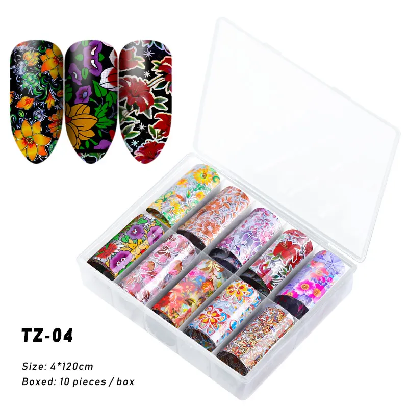 FlorVida 10pcs/set 4*120cm Nail Foil Stickers Leopard Pattern Decal Design for Nails Salon Wholesale Nail Art Foil Decoration - Color: TZ-04