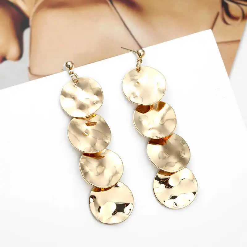 

2019 New Women Long Statement Earrings Golden Silver Color Round Coin Drop Earrings Gift For Wedding Party Brincos
