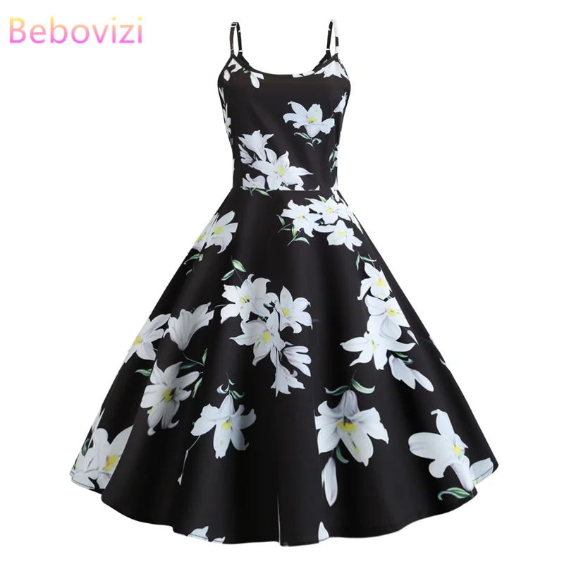 

Bebovizi 2019 Summer New Fashion Women Black Dress Flower Print Casual Office Elegant Sexy Plus Size Vintage A-Line Dresses