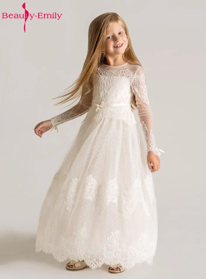 

Brauty-Emily Princess Lace Flower Girls Dresses 2019 Long Sleeves Custom Made Lace Designer First Communion Dress Appliques Desi