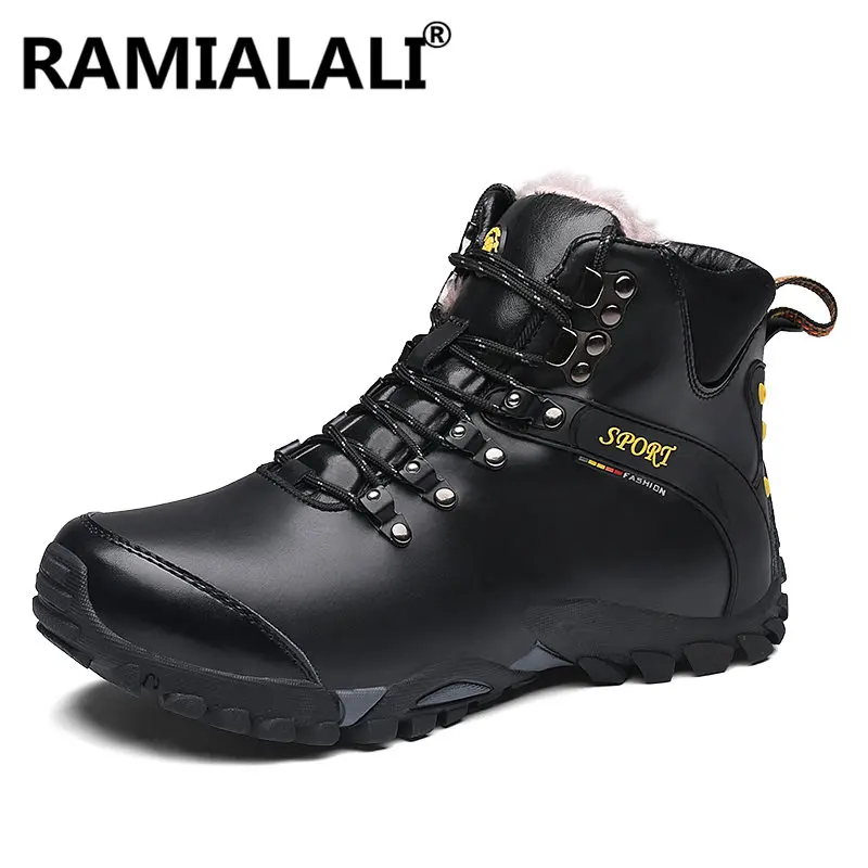 Genuine Leather Men Boots Winter Plush Warm Safety Shoes Men High