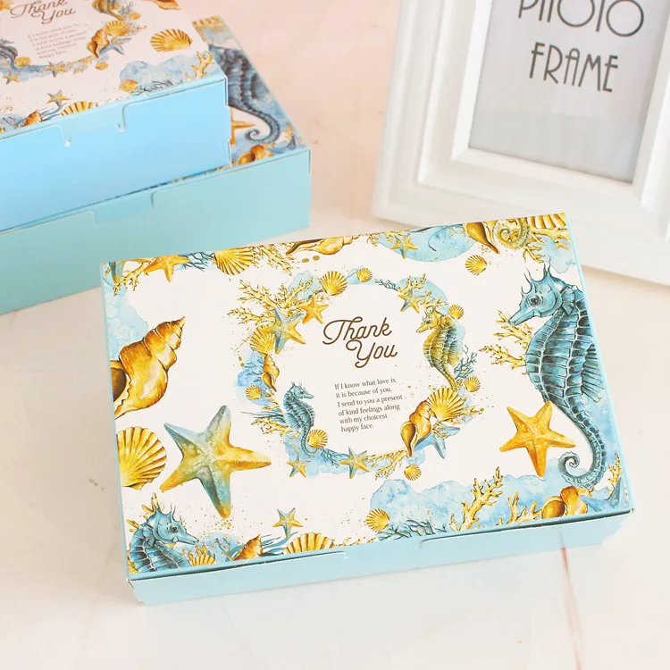 

new 18*12*4.5cm10pcs blue thank you ocean design Paper Box for Cake Cookie party gift Packaging Wedding Christmas Use