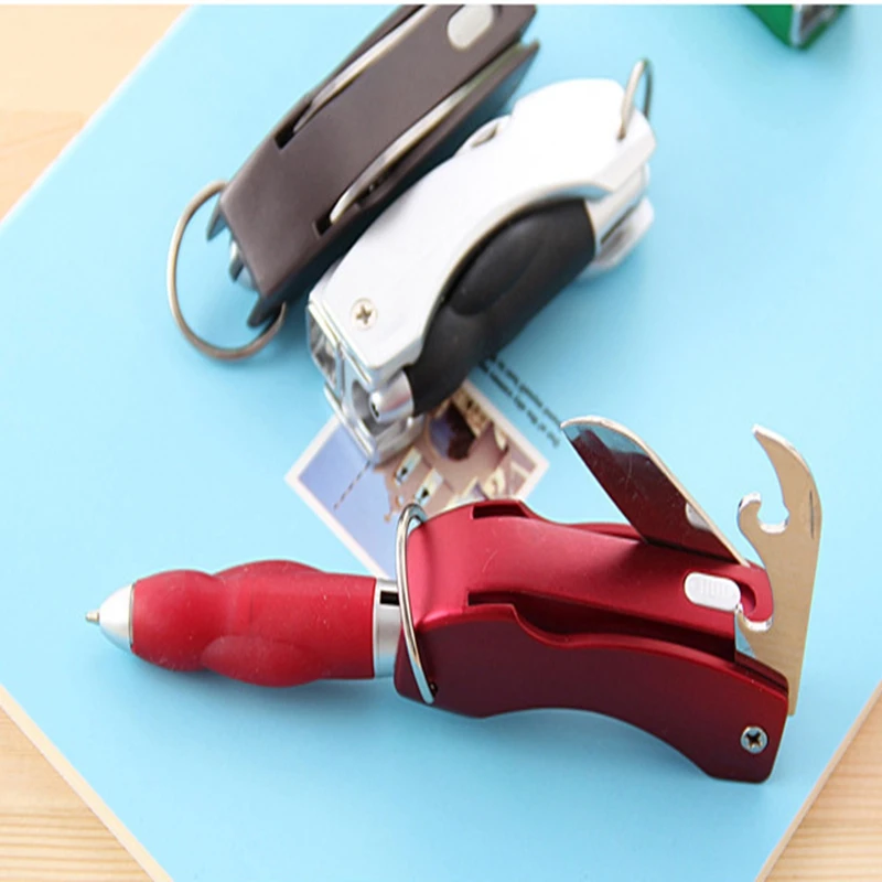 

100 шт./лот, Многофункциональный складной светодиодный фонарик, шариковая ручка, открывалка для бутылок, брелок, нож, ручка, открывалка для ключей