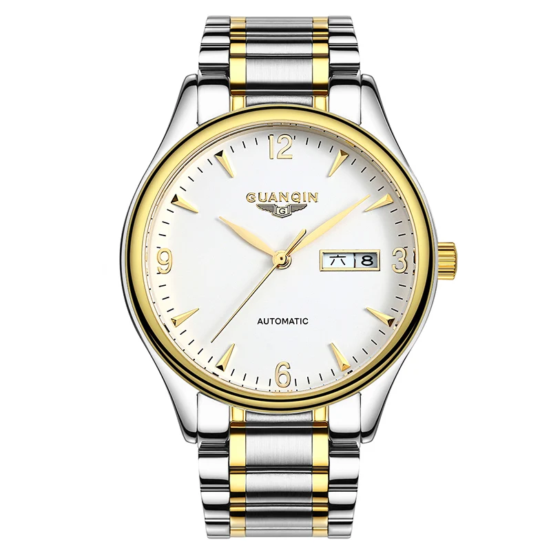 GUANQIN роскошные мужские деловые часы Лидирующий бренд автоматические часы мужские недели календарь Сапфир водонепроницаемые Модные механические часы - Цвет: Gold White