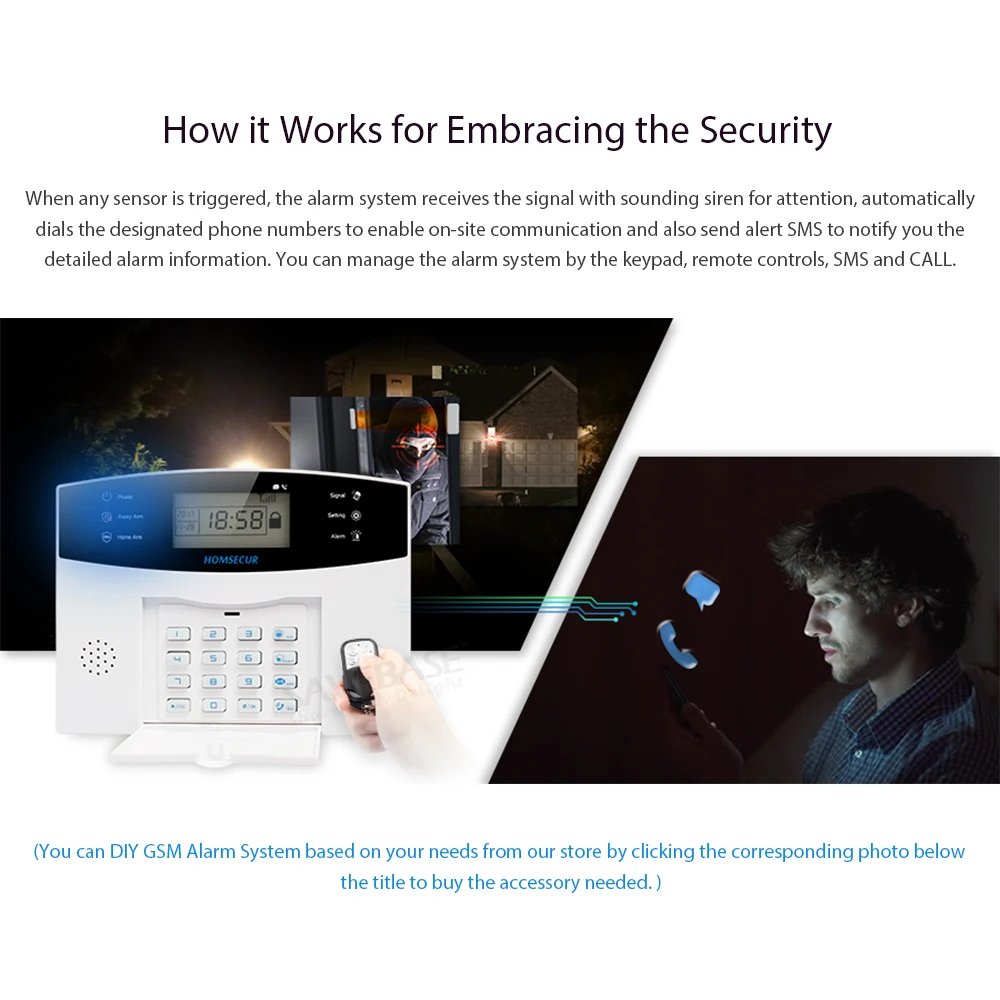 HOMSECUR DIY GSM сигнализация для домашней безопасности(панель сигнализации LA01, датчик движения PIR, датчик дыма, вспышка стробоскоп сирена и т. д. опционально