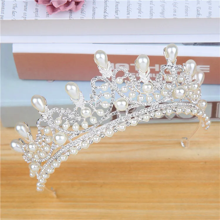 Faux Pearl Wedding Bridal Tiara Crown Little Girls Princess Crystal Rhinestones Exquisite Headband Birthday Tiaras, Silver (4)