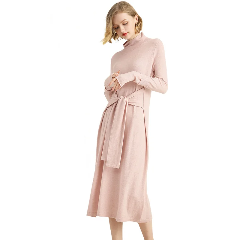 

Wool Knitted Dresses Midi 2018 Autumn Winter Women's Solid Color Half Turtleneck Long Sleeved Bandage Loose Waist Dress Female