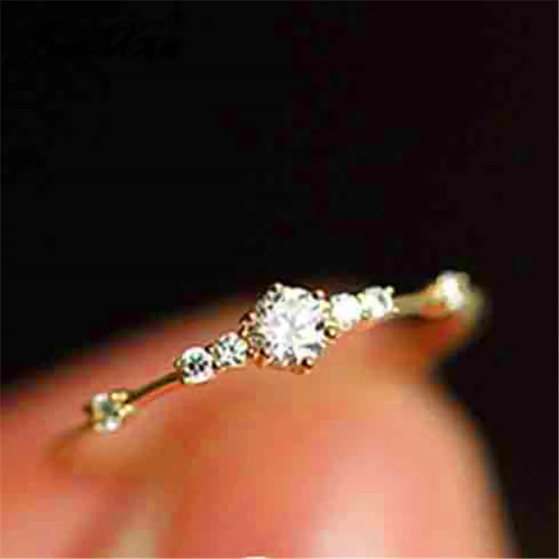 JUNXIN Female Small Crystal Thin Rings For Women 925 Silver Rose Gold Filled White Zircon Stacking Midi Ring Minimalist Jewelry