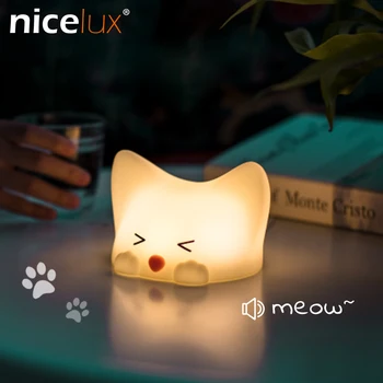 

Silicone Cute Cat Night Light with Meow Sounds USB Rechargeable Press Control Desk Table Lamp 7 Colors Change Gift for Child