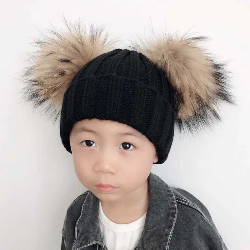 black double pom pom hat