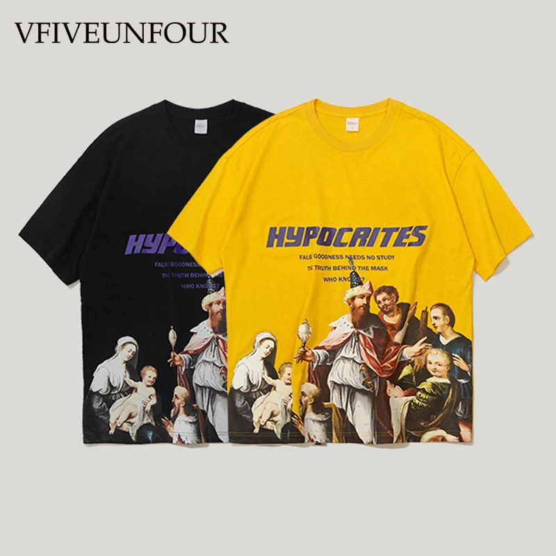 

VFIVEUNFOUR 2019 Summer new design Graffiti Cartoon Print O-Neck Thick T Shirts Men Hip Hop Male Loose Short Sleeve Vintage Swag