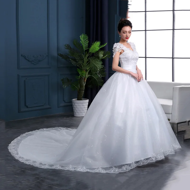 

Do Dower New Arrival Plus Size Long Train Wedding Dress Sexy V Neck Beautiful Applique Slim Lace Up Wedding Gown Robe De Mariee