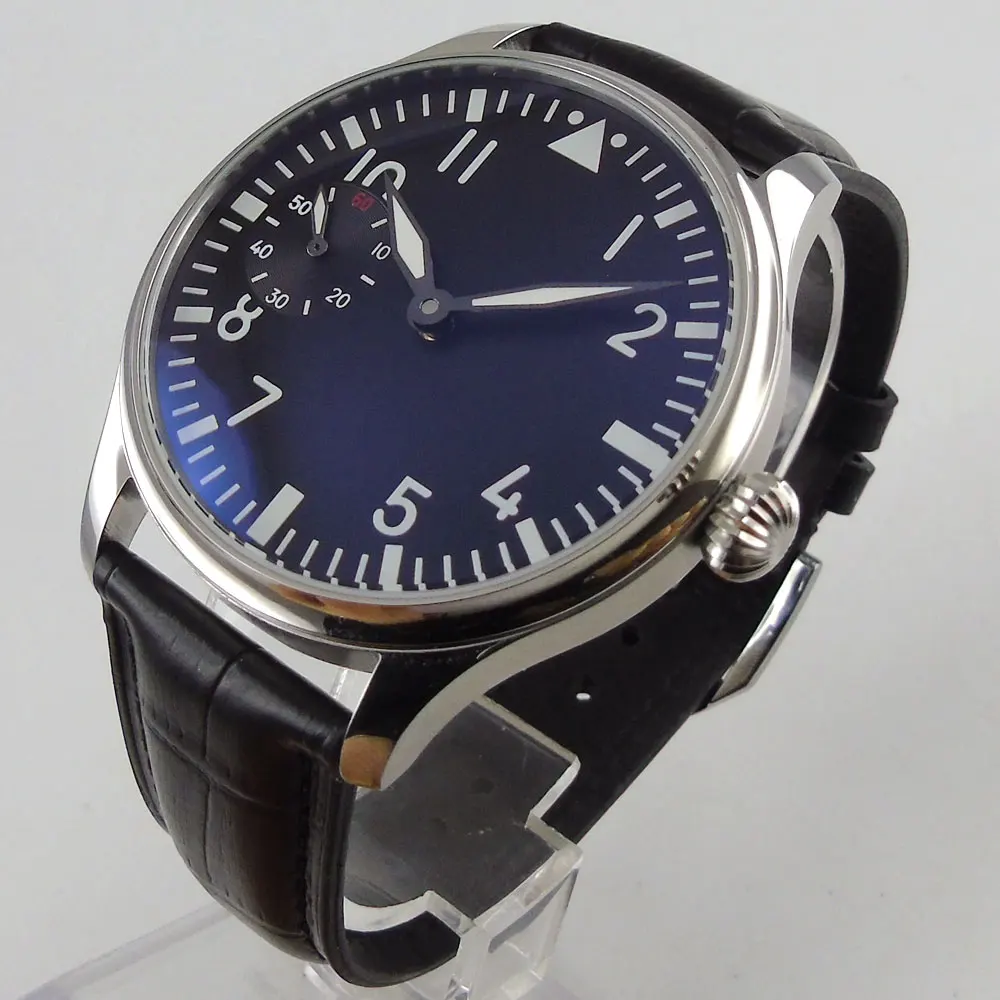2018 Newest top brand 44mm Parnis Black dial Leather Luminous Hand 17 jewels 6497 movement Hand Winding Mechanical men's Watch