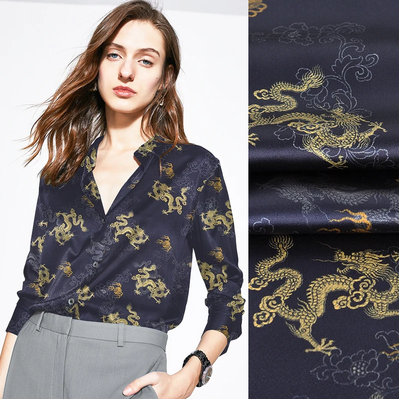 

118CM Wide 19MM Chinese Dragon Print Stretch Dark Color Silk Satin Fabric Good for Summer Dress Skirt Shirt Pants JH183
